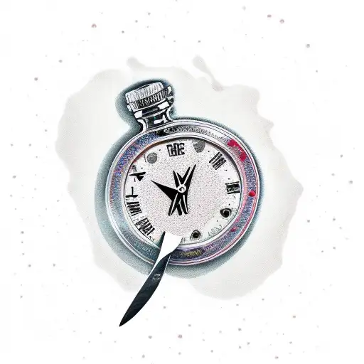 hand holding a knife, sand clock with flexible time, poison flask, roses and leaves tattoo design idea