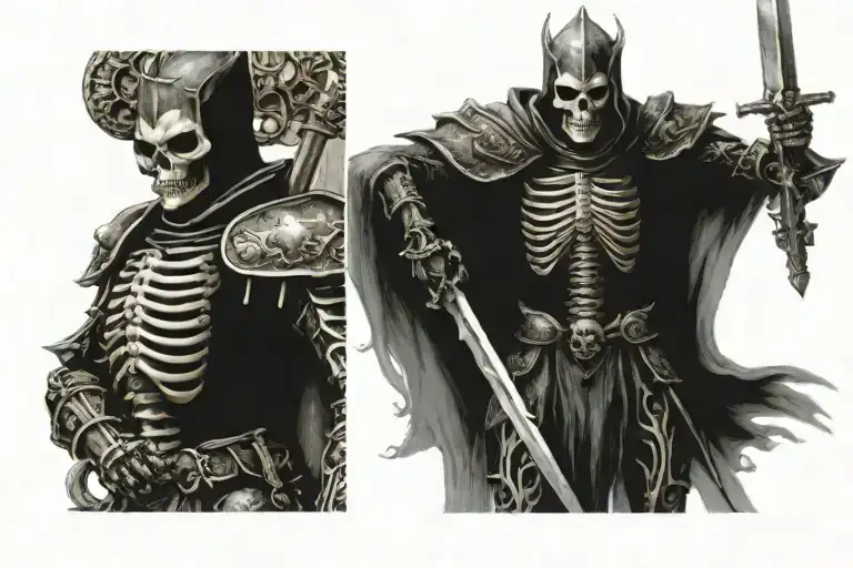 Skeleton knight with Japanese demon head on dragon tattoo design idea