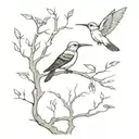 aspen tree with branch and roots with hummingbird and magpies   tattoo design idea