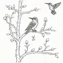 aspen tree with branch and roots with hummingbird and magpies   tattoo design idea
