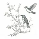 aspen tree with branch and roots with hummingbird and magpies   tattoo design idea