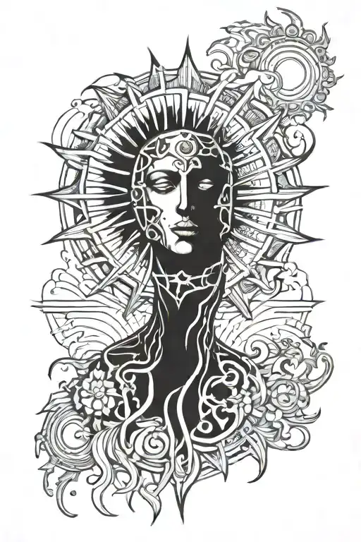 sun gothic with no face tattoo for the shoulder with geometric filling up to the forearm tattoo design idea