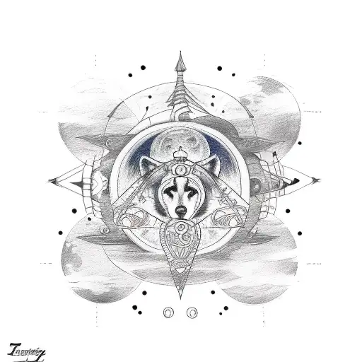 A tattoo design for the external forearm featuring a moon, plane, world, music, dog paws, Virgo and Taurus zodiac signs, tattoo design idea