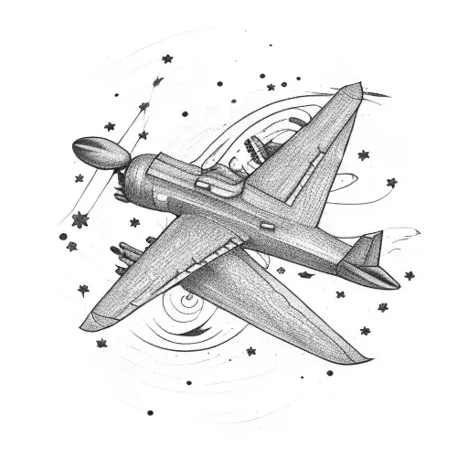 An airplane flying through a starry night sky, leaving a trail of musical notes behind tattoo design idea