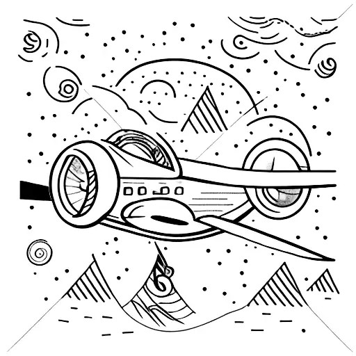 An airplane flying through a starry night sky, leaving a trail of musical notes behind tattoo design idea