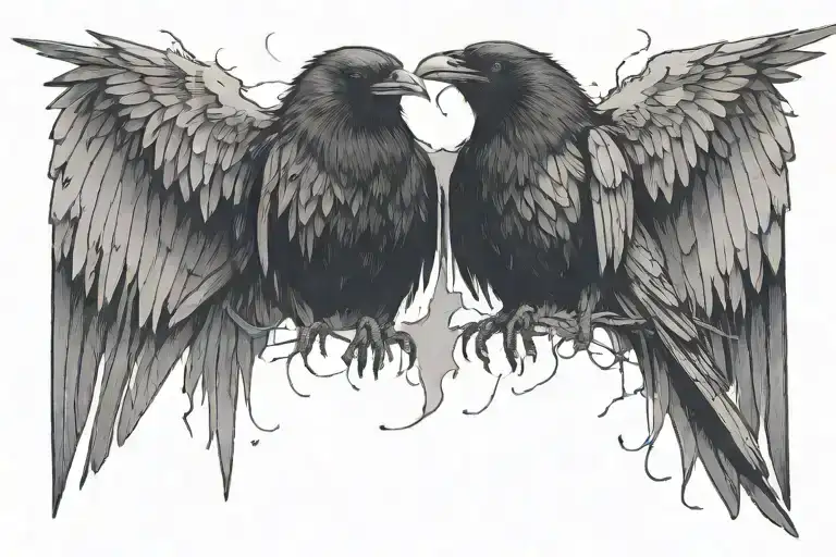 a mutated raven that has two-heads on one body with its wings spread open  tattoo design idea