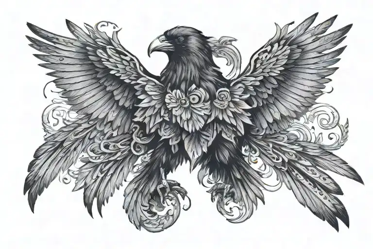 a mutated raven that has two-heads on one body with its wings spread open  tattoo design idea