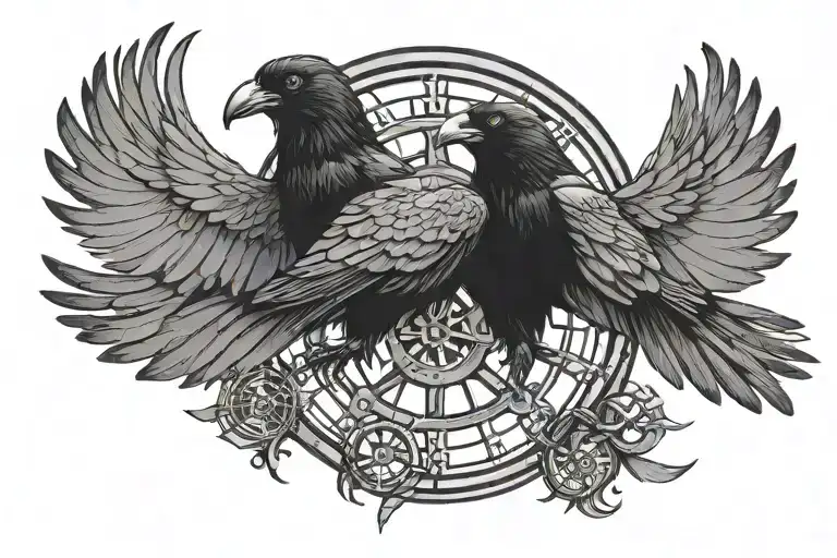 double-headed raven. dharma wheel around it and a grounding symbol floating above the raven's heads. Wings outspread.  tattoo design idea
