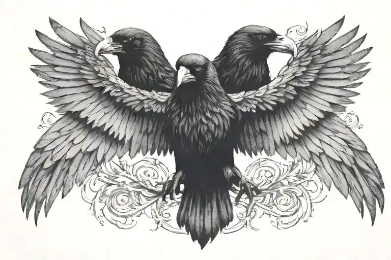 An image of a single raven that has two-heads on one body with its wings spread open  tattoo design idea
