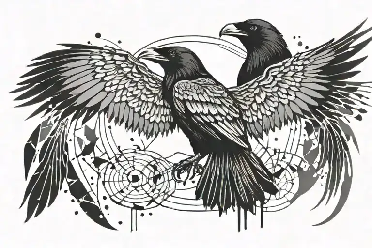 raven with two heads on one body with wings outspread. ink-splatter circle surrounding it.  tattoo design idea