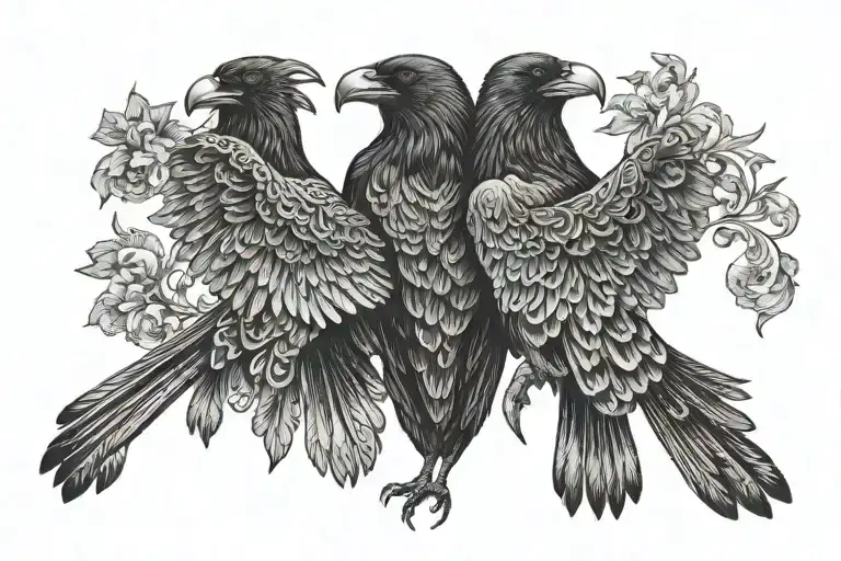 An image of a single raven that has two-heads on one body with its wings spread open  tattoo design idea