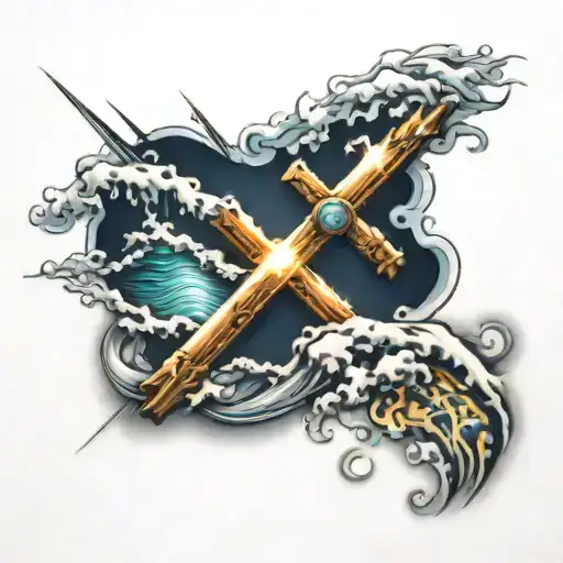 light beams, cross, waves crashing  tattoo design idea