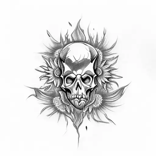 fire ram skull daisies tattoo design idea