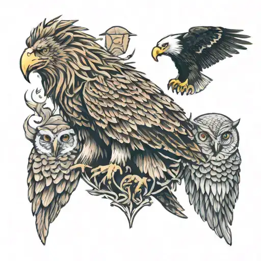 Lion, bald eagle, owl tattoo design idea