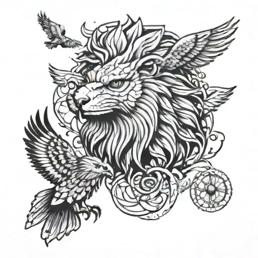 Lion, bald eagle, owl tattoo design idea