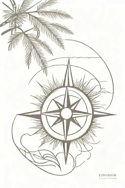 A dotwork tattoo of a compass rose surrounded by palm trees and waves, symbolizing the client's love for travel and the ocean tattoo design idea