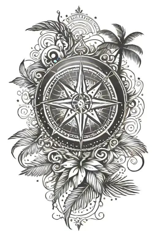 A dotwork tattoo of a compass rose surrounded by palm trees and waves, symbolizing the client's love for travel and the ocean tattoo design idea