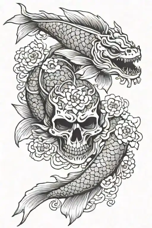 koi fish, dragon wrapped, samurai skull wearing tattoo design idea