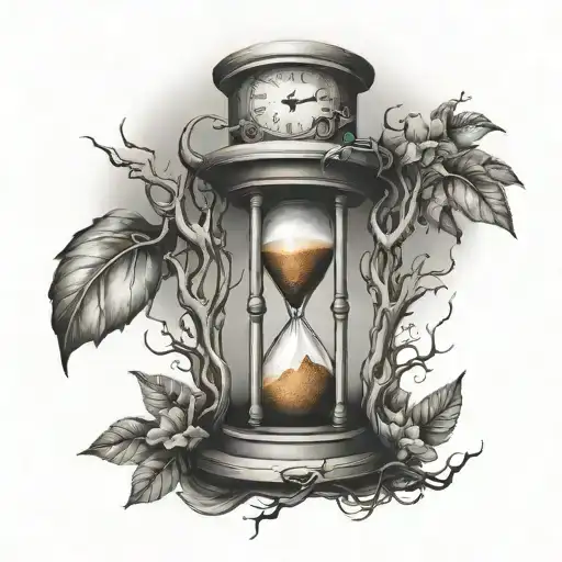 A time-themed tattoo featuring an hourglass with roots growing out of it, symbolizing the client's connection to the past and their creative journey as an artist tattoo design idea