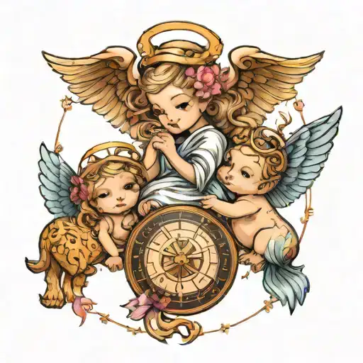 Pisces baby angel surrounded by Sagittarius goddess and Libra god tattoo design idea