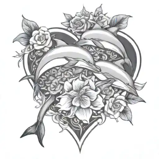 2 Dolphins, gardenias, heart shaped amethyst crystal tattoo design idea