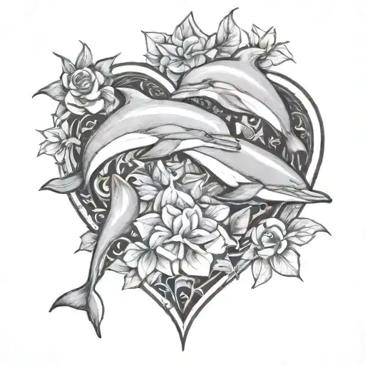 2 Dolphins, gardenias, heart shaped amethyst crystal tattoo design idea