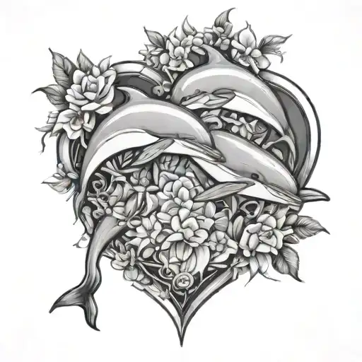 2 Dolphins, gardenias, heart shaped amethyst crystal tattoo design idea