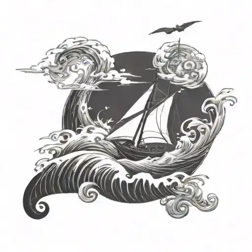 Drakar that sails through the waves in bad weather in a gloomy style tattoo design idea
