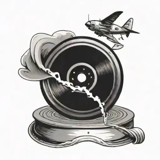 A fish jumping out of a vinyl record with airplane propellers tattoo design idea
