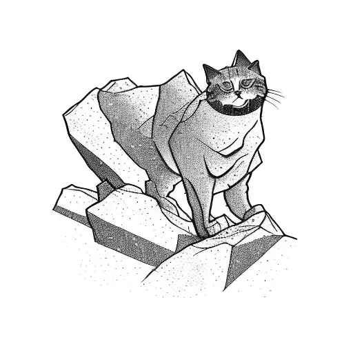 A mountain climber reaching the summit with a silhouette of a cat sitting triumphantly on a rock formation in a dotwork style tattoo design idea