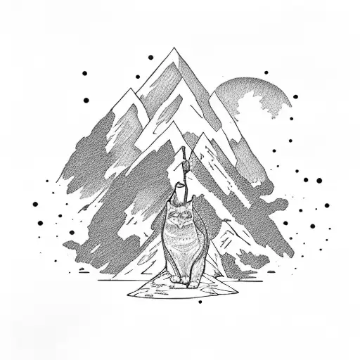 A mountain climber reaching the summit with a silhouette of a cat sitting triumphantly on a rock formation in a dotwork style tattoo design idea