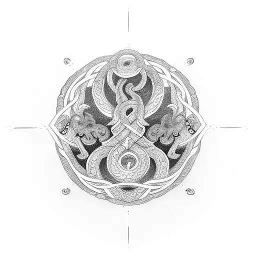 A dotwork tattoo portraying the World Serpent encircling Yggdrasil, with elements of Norse mythology incorporated into the design, creating a mesmerizing and mystical composition. tattoo design idea