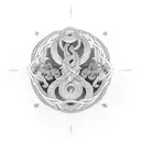 A dotwork tattoo portraying the World Serpent encircling Yggdrasil, with elements of Norse mythology incorporated into the design, creating a mesmerizing and mystical composition. tattoo design idea