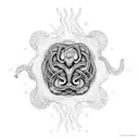 A dotwork tattoo portraying the World Serpent encircling Yggdrasil, with elements of Norse mythology incorporated into the design, creating a mesmerizing and mystical composition. tattoo design idea