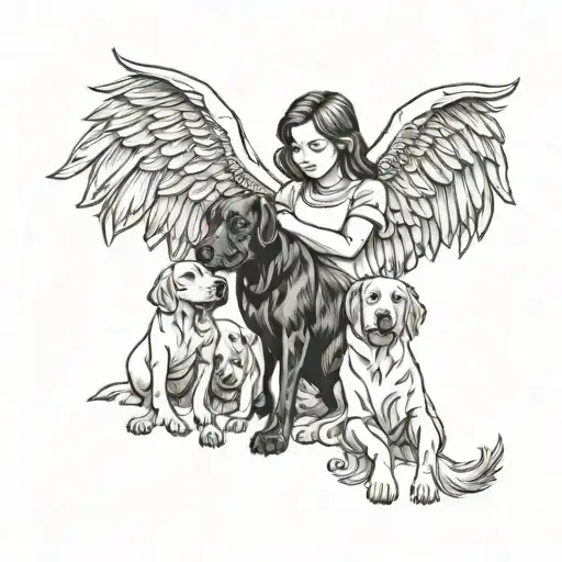 A meaningful tattoo design of a mother with ADHD and autism holding hands with her family, with a special focus on the bond with her angel dog tattoo design idea
