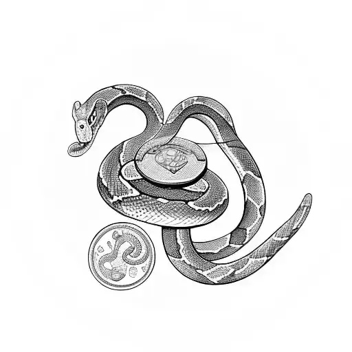 a snake eating its own tail, creating a circle with a coin in the middle tattoo design idea