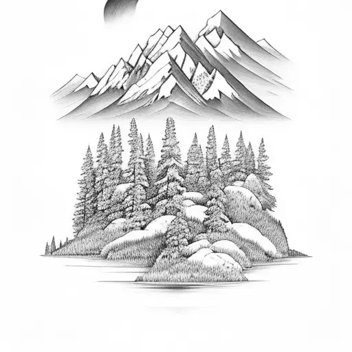 Mountain Scene. A Mountain in the background with pinetrees in the foreground. There is a lake infront of the pine trees tattoo design idea