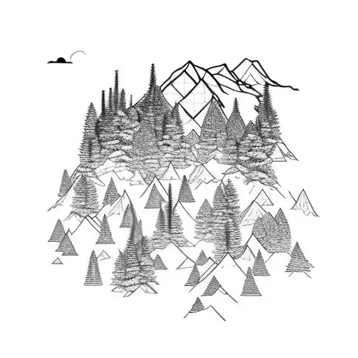 Mountain Scene. A Mountain in the background with pinetrees in the foreground. There is a lake infront of the pine trees tattoo design idea