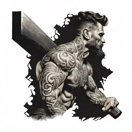 a person shaping their own body with a hammer and chisel tattoo design idea