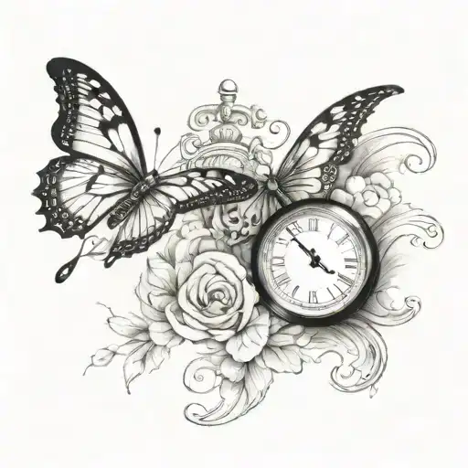 two Butterfly with Clock and placeholder for two names tattoo design idea