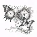 two Butterfly with Clock and placeholder for two names tattoo design idea