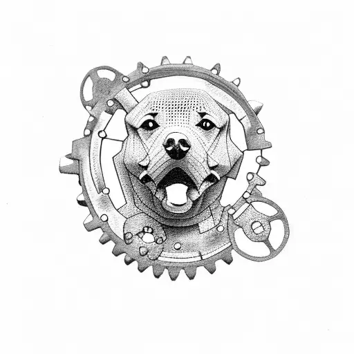 A dotwork tattoo of a stone sculpture of a dog, with gears and mechanical parts incorporated to represent your love for cars tattoo design idea