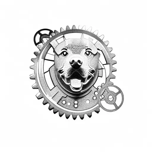 A dotwork tattoo of a stone sculpture of a dog, with gears and mechanical parts incorporated to represent your love for cars tattoo design idea