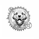 A dotwork tattoo of a stone sculpture of a dog, with gears and mechanical parts incorporated to represent your love for cars tattoo design idea