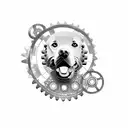 A dotwork tattoo of a stone sculpture of a dog, with gears and mechanical parts incorporated to represent your love for cars tattoo design idea