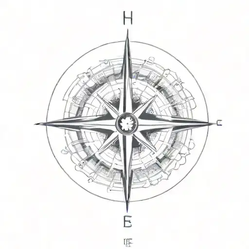 A minimalist tattoo of a compass with the initials of each family member pointing towards 'home' tattoo design idea