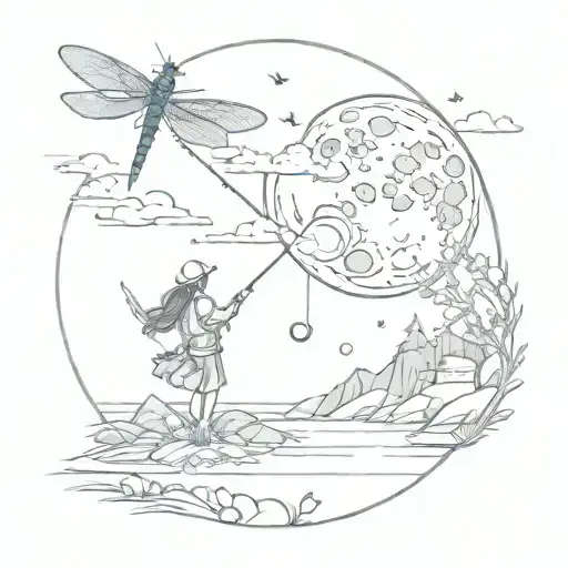 fishing under the moon next to dragonflies flying tattoo design idea