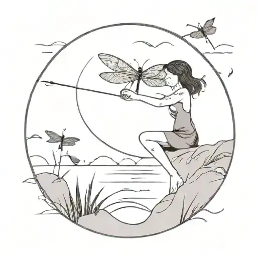 A mother fishing under a full moon, with dragonflies flitting around her in a black-grey style tattoo design idea