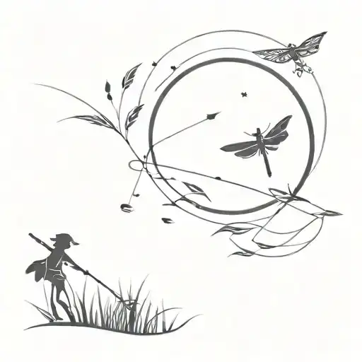 fishing under the moon next to dragonflies flying tattoo design idea