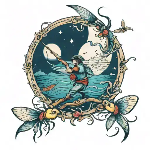 fishing under the moon next to dragonflies flying tattoo design idea